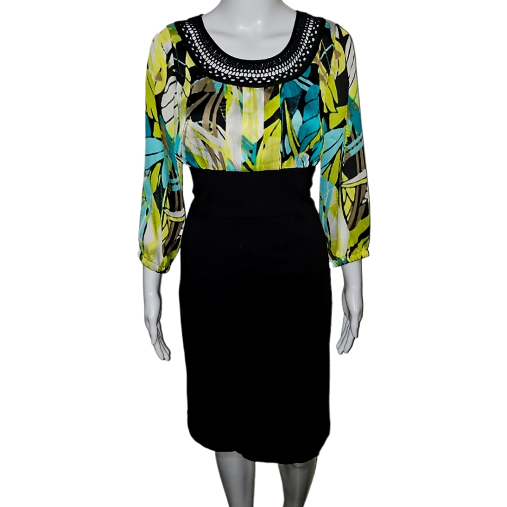 Alfani Black High Waisted dres, Multicolored Top, Crochet around Neckline Size 4